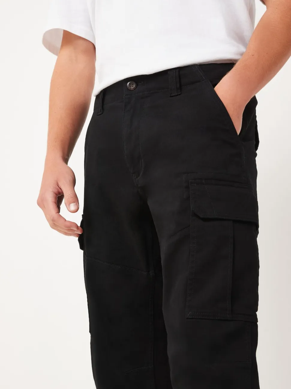 Black Straight Fit Cotton Stretch Cargo Trousers