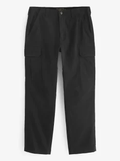 Black Straight Fit Cotton Stretch Cargo Trousers