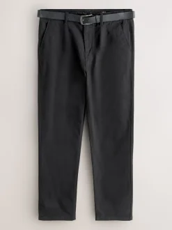 Black Straight Fit Motionflex Chinos Trousers With Belt
