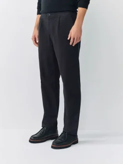 Black Straight Fit Pleated Stretch Chinos Trousers With Elasticated Waist