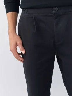 Black Straight Fit Pleated Stretch Chinos Trousers With Elasticated Waist