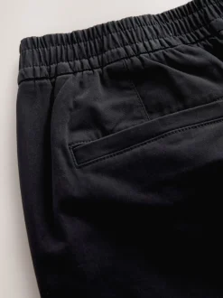 Black Straight Fit Pleated Stretch Chinos Trousers With Elasticated Waist