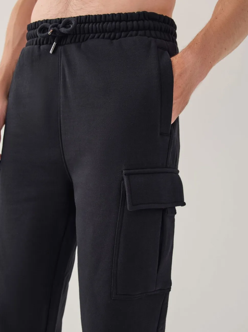 Black Straight Fit Slim Fit Brushback Heavyweight Cargo Joggers