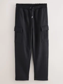 Black Straight Fit Slim Fit Brushback Heavyweight Cargo Joggers