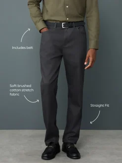 Black Straight Fit Smart Brushed Cotton TENCEL™ Lyocell Blend Chinos With Belt