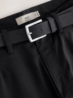 Black Straight Fit Smart Brushed Cotton TENCEL™ Lyocell Blend Chinos With Belt