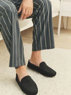 Black Suede Faux Fur Lined Moccasin Slippers