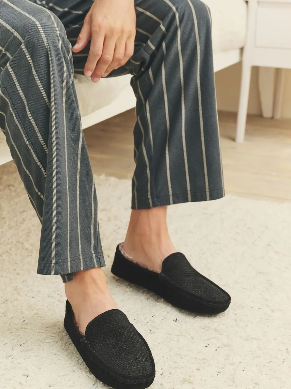 Black Suede Faux Fur Lined Moccasin Slippers