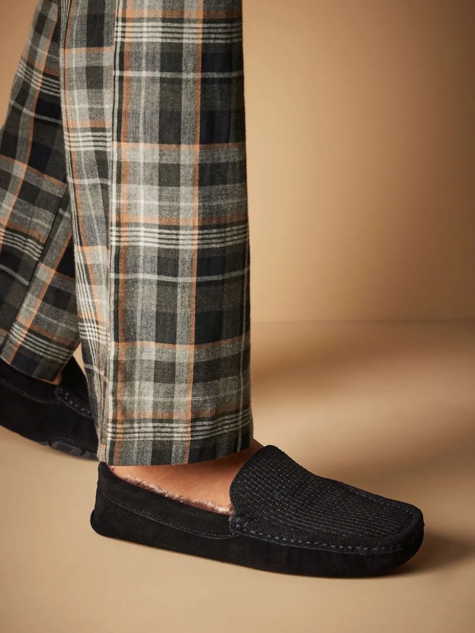 Black Suede Faux Fur Lined Moccasin Slippers