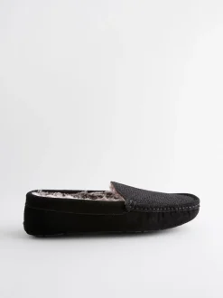Black Suede Faux Fur Lined Moccasin Slippers