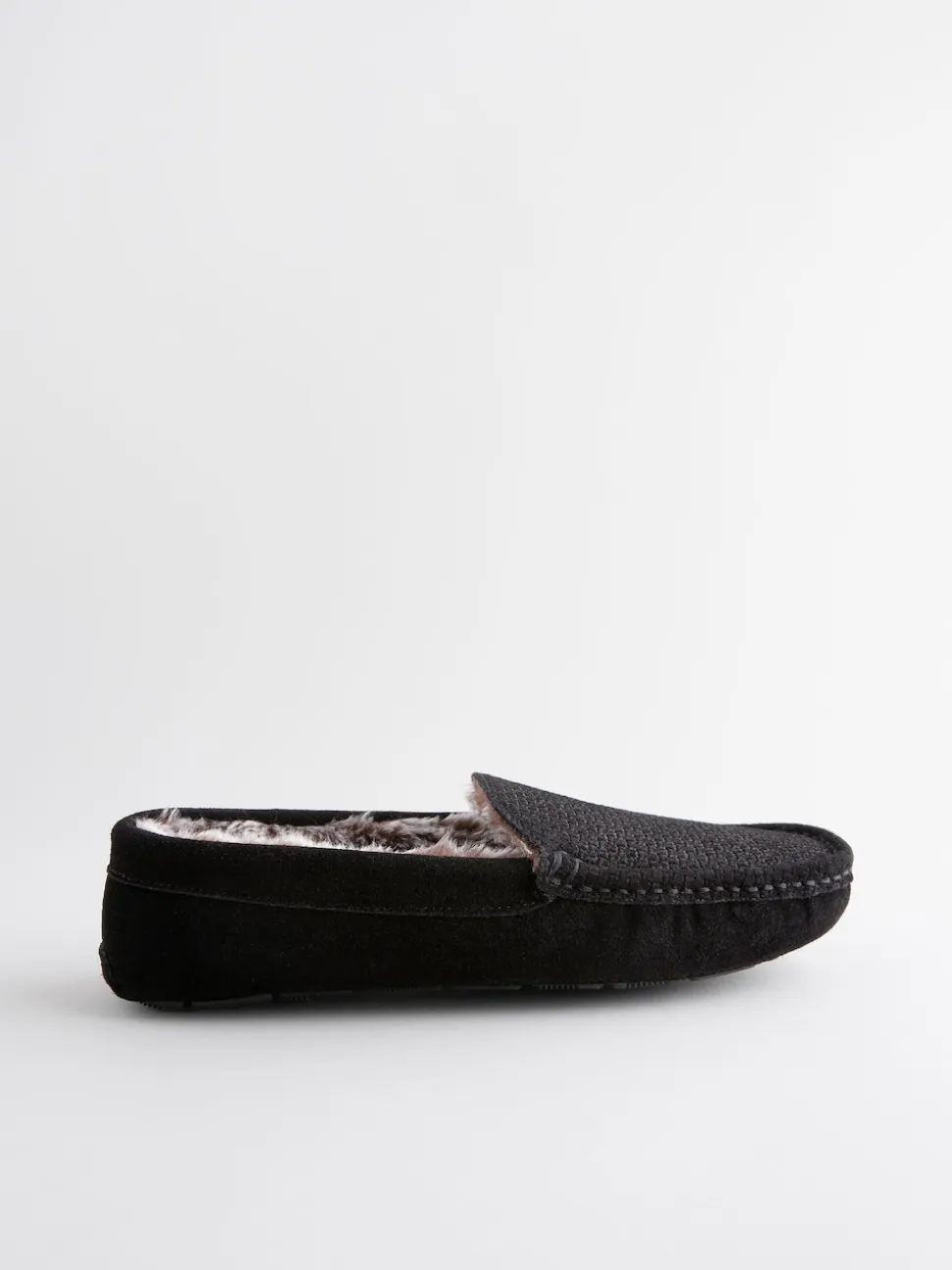 Black Suede Faux Fur Lined Moccasin Slippers