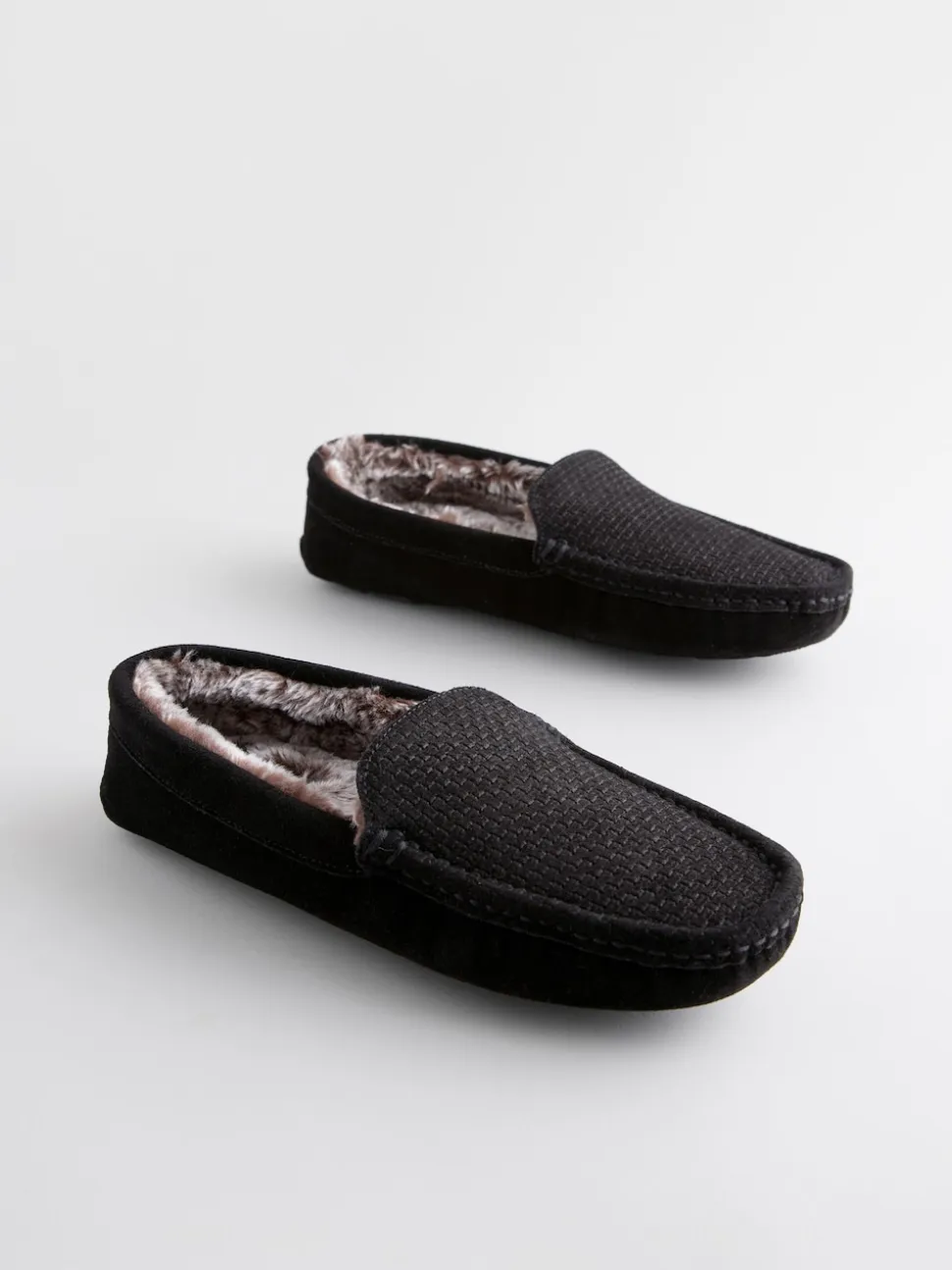 Black Suede Faux Fur Lined Moccasin Slippers