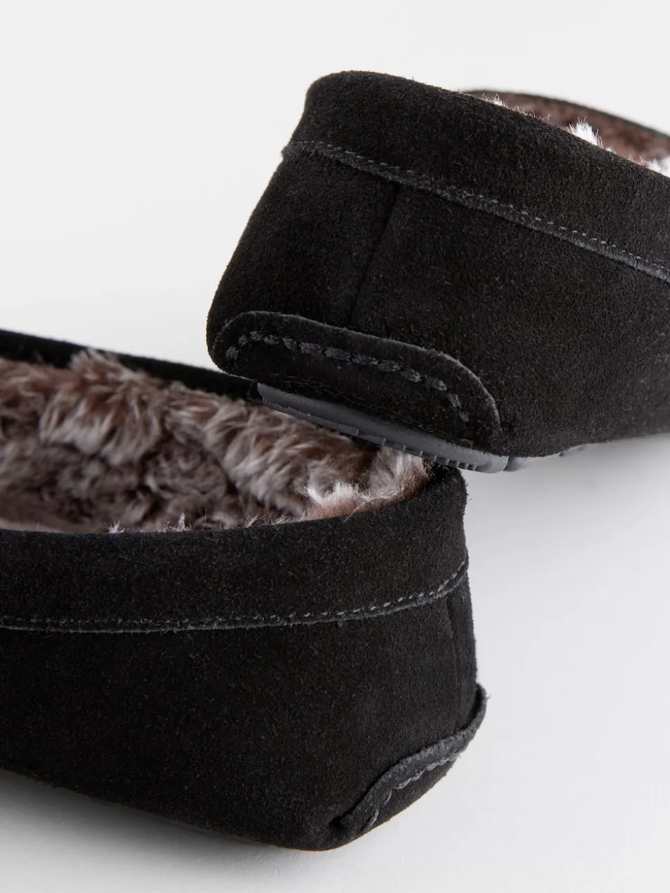 Black Suede Faux Fur Lined Moccasin Slippers
