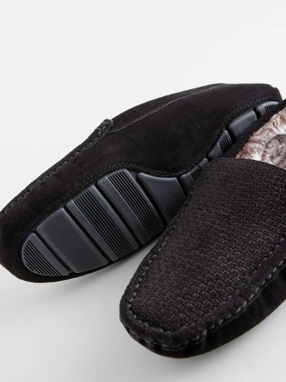 Black Suede Faux Fur Lined Moccasin Slippers