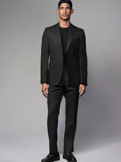 Black Tailored Fit Textured Wool Blend Suit Trousers