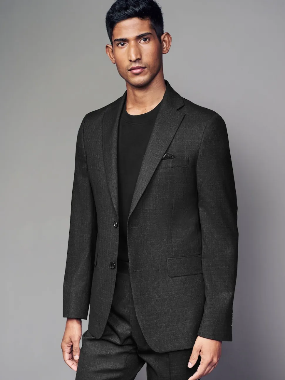Black Tailored Fit Textured Wool Blend Suit Jacket