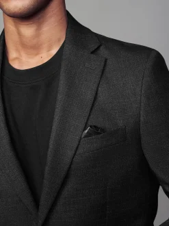 Black Tailored Fit Textured Wool Blend Suit Jacket