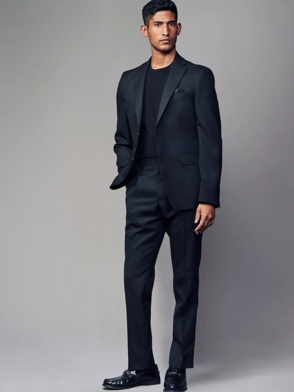 Black Tailored Fit Textured Wool Blend Suit Jacket