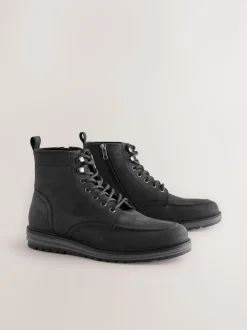 Black Tall Leather Apron Toe Boots