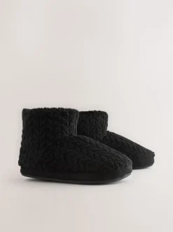 Black Textured Fleece Boot Slippers