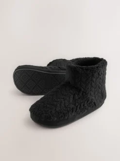 Black Textured Fleece Boot Slippers
