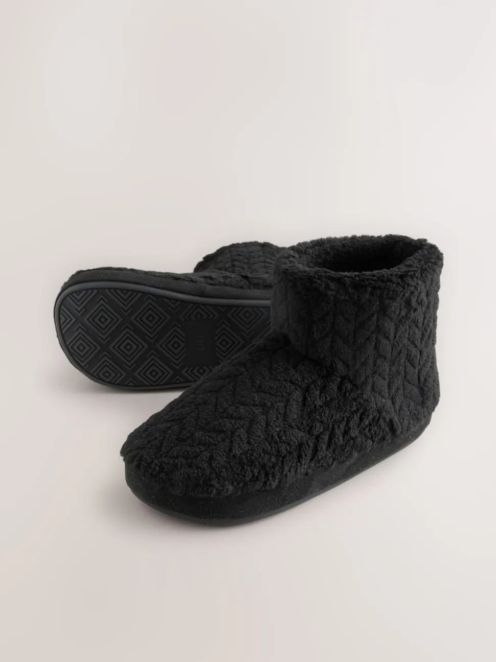 Black Textured Fleece Boot Slippers