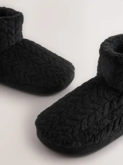 Black Textured Fleece Boot Slippers