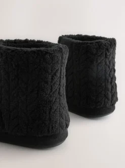 Black Textured Fleece Boot Slippers