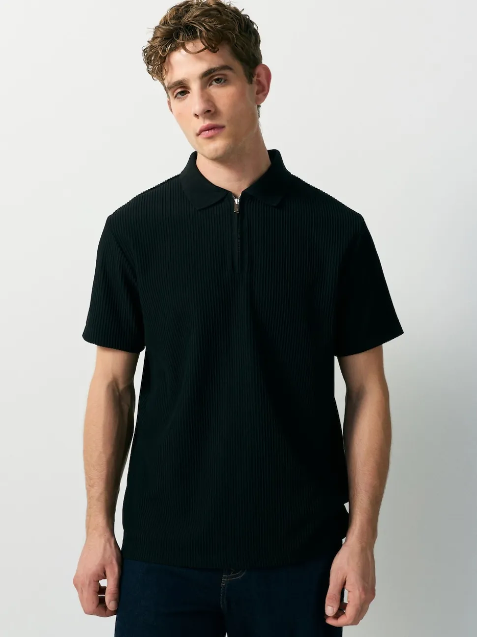 Black Textured Smart Zip Neck Polo Shirt