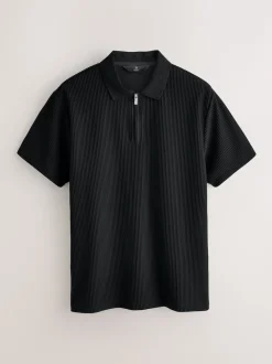 Black Textured Smart Zip Neck Polo Shirt