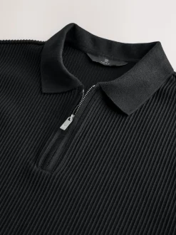 Black Textured Smart Zip Neck Polo Shirt