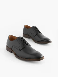 Black Wide Fit Leather Contrast Sole Derby Shoes