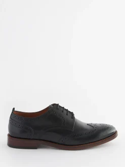 Black Wide Fit Leather Contrast Sole Brogue Shoes