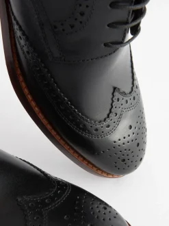 Black Wide Fit Leather Contrast Sole Brogue Shoes