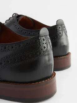 Black Wide Fit Leather Contrast Sole Brogue Shoes