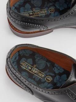 Black Wide Fit Leather Contrast Sole Brogue Shoes