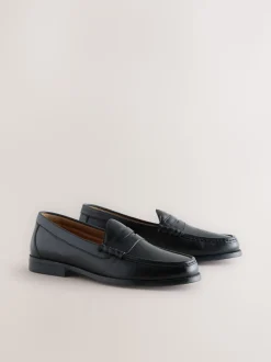 Black Wide Fit Leather Penny Loafers
