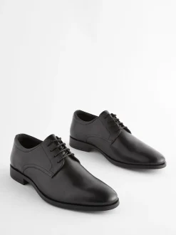 Black Wide Fit Leather Plain Derby Shoes