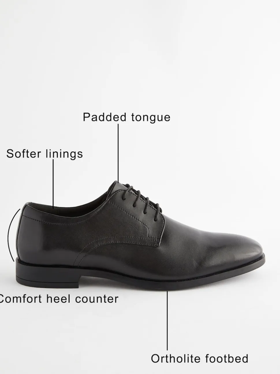 Black Wide Fit Leather Plain Derby Shoes