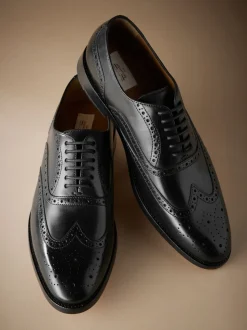 Black Wide Fit Signature Italian Leather Wingcap Brogue Shoes