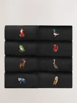 Black Woodland Fun Embroidered Socks 8 Pack
