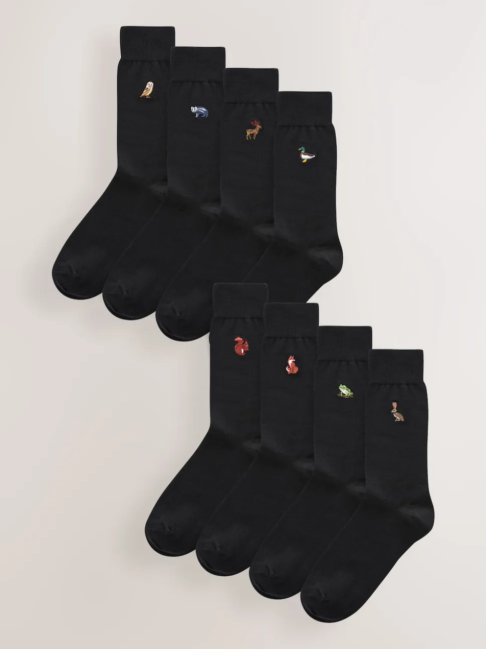 Black Woodland Fun Embroidered Socks 8 Pack