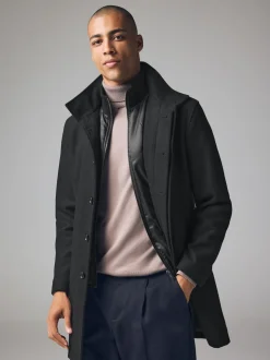 Black Wool Blend Mock Gilet Herringbone Padded Coat