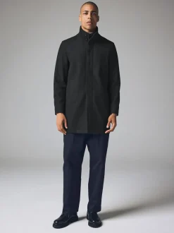Black Wool Blend Mock Gilet Herringbone Padded Coat