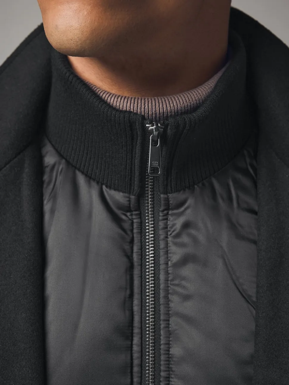 Black Wool Blend Mock Gilet Herringbone Padded Coat
