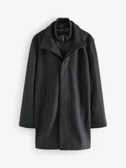 Black Wool Blend Mock Gilet Herringbone Padded Coat