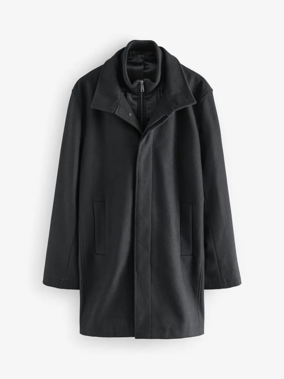 Black Wool Blend Mock Gilet Herringbone Padded Coat