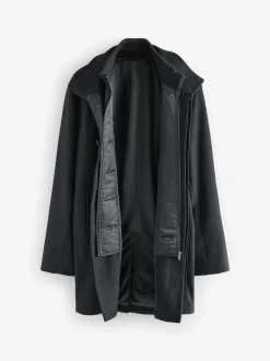 Black Wool Blend Mock Gilet Herringbone Padded Coat