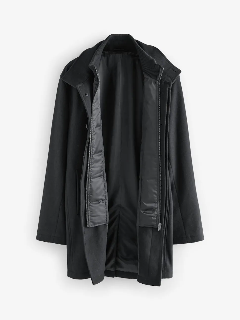 Black Wool Blend Mock Gilet Herringbone Padded Coat