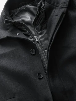 Black Wool Blend Mock Gilet Herringbone Padded Coat